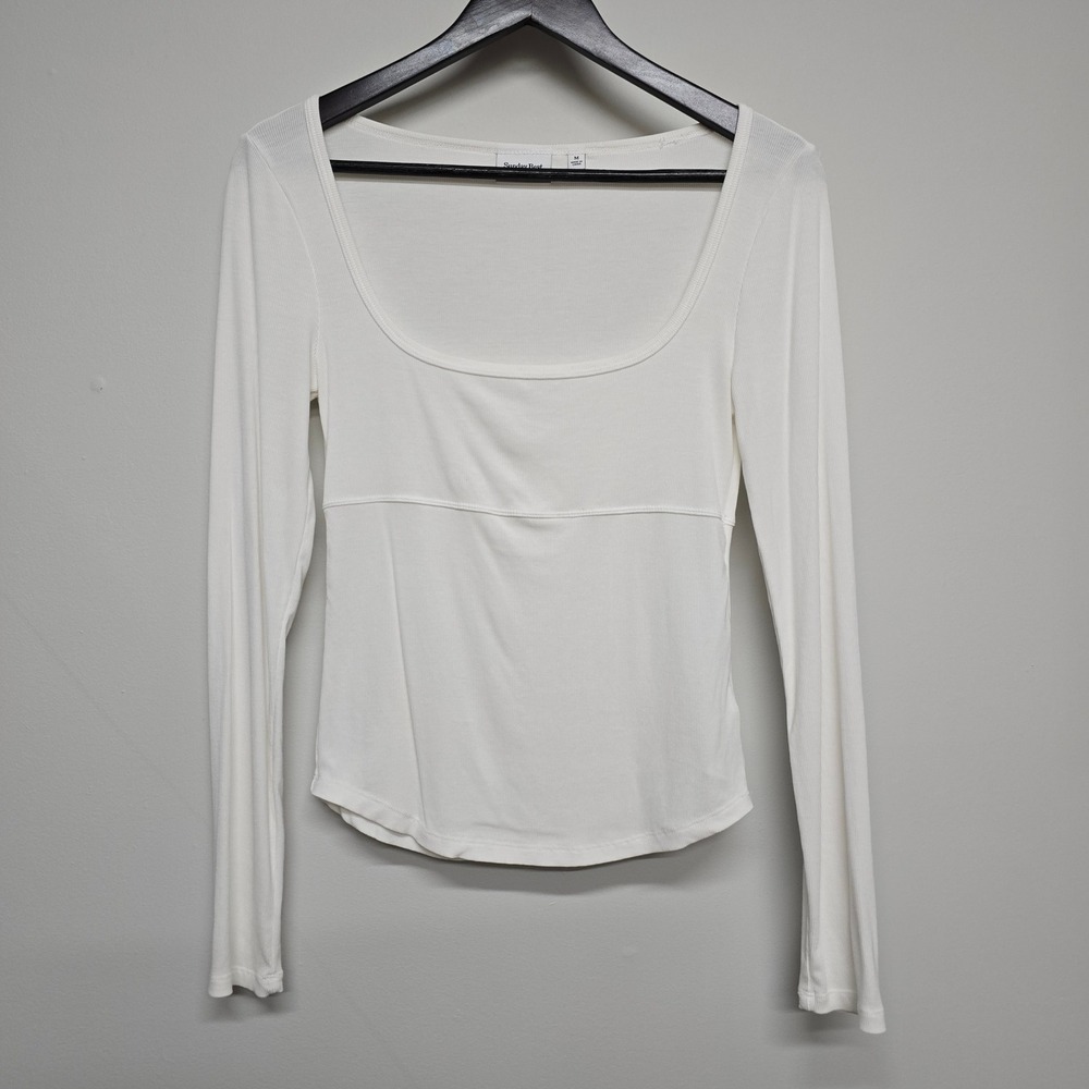 Sunday Best Ribbed Long Sleeve Top Women M White Scoop Neck Minimalist